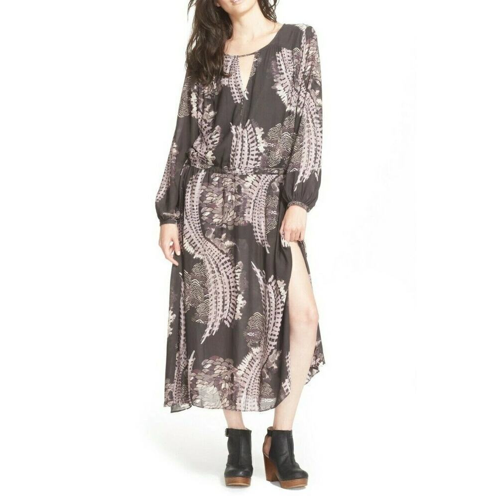 Free People Raven Out Of The Woods Dress Long Sleeve Side Slit Maxi Gray XS